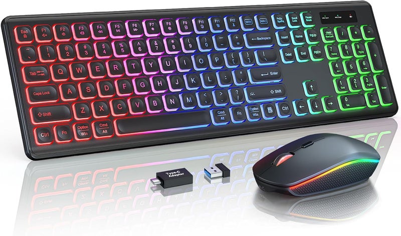 Trueque Wireless Keyboard and Mouse Combo, RGB Backlit, Rechargeable & Light Up Letters, Full-Size, Soft Typing, Sleep Mode, 2.4GHz Quiet Keyboard Set for Mac, Windows, Laptop, PC, (Black) - Image 1